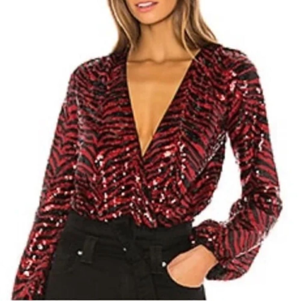 NBD Rochelle bodysuit sequin red black zebra print going out top Revolve Sz S
